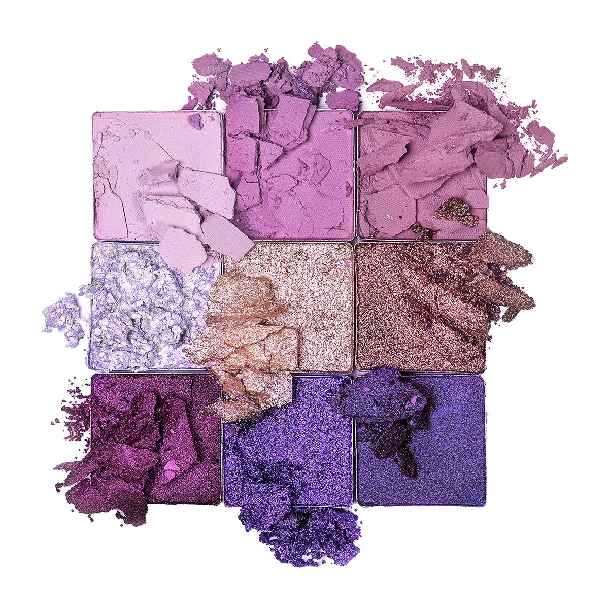 Øjenskyggepaletten Lilies + Unicorns fra Happy Palettes-kollektionen indeholder 9 rige og langtidsholdbare øjenskygger i forskellige lilla og violet nuancer.