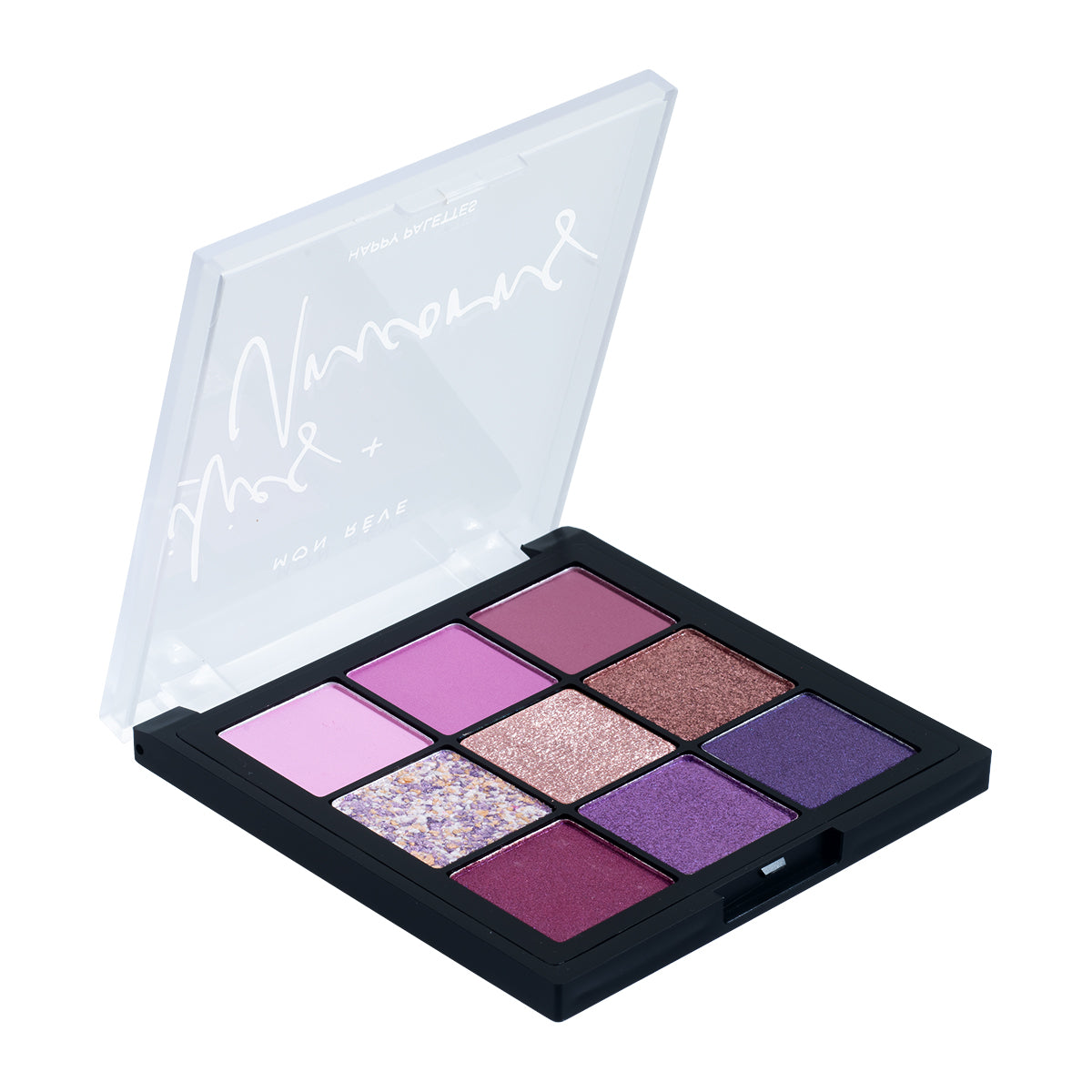 Øjenskyggepaletten Lilies + Unicorns fra Happy Palettes-kollektionen indeholder 9 rige og langtidsholdbare øjenskygger i forskellige lilla og violet nuancer.