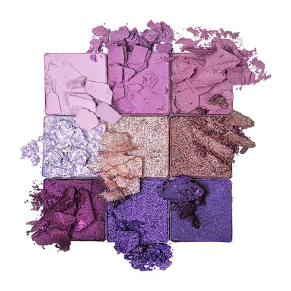 Øjenskyggepaletten Lilies + Unicorns fra Happy Palettes-kollektionen indeholder 9 rige og langtidsholdbare øjenskygger i forskellige lilla og violet nuancer.
